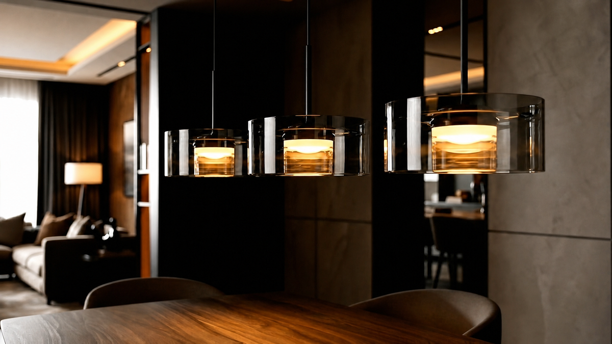 Sculptural lighting in a warm, thoughtfully styled interior
