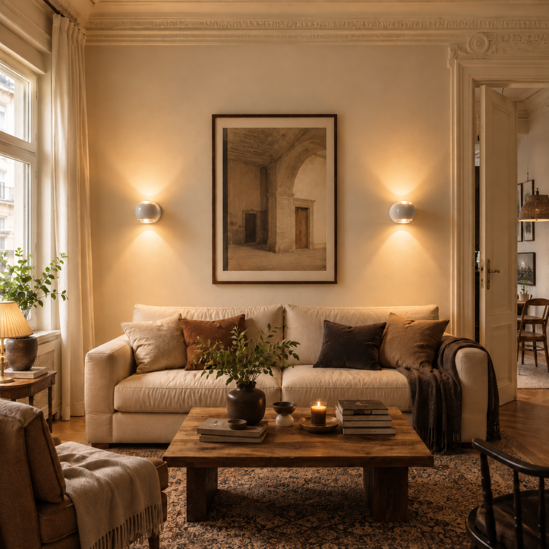 A warm living room with statement lighting