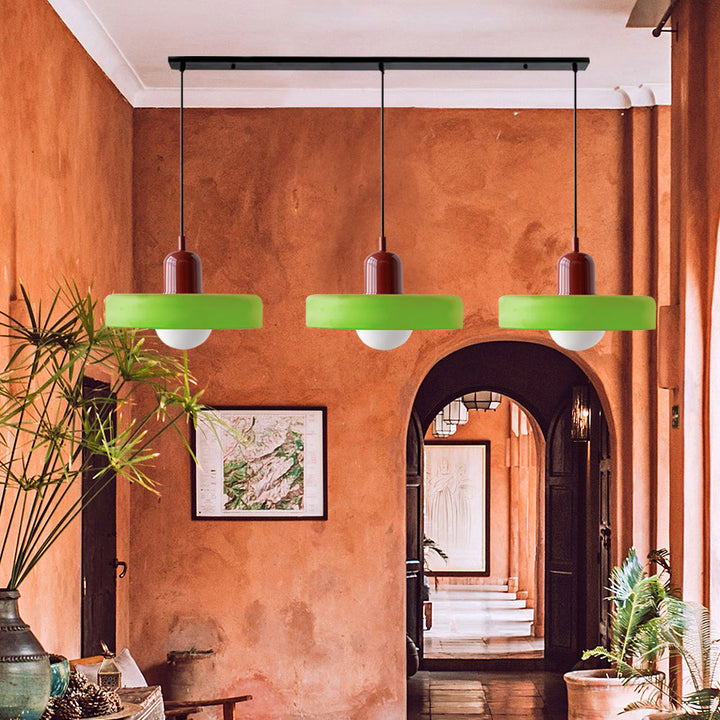 Vintage Flair 3-head pendant light made of colored glass